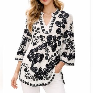 Womens Lace Tunic Top XL Black White Floral Embellished Sheer Boho 3/4 Sleeve
